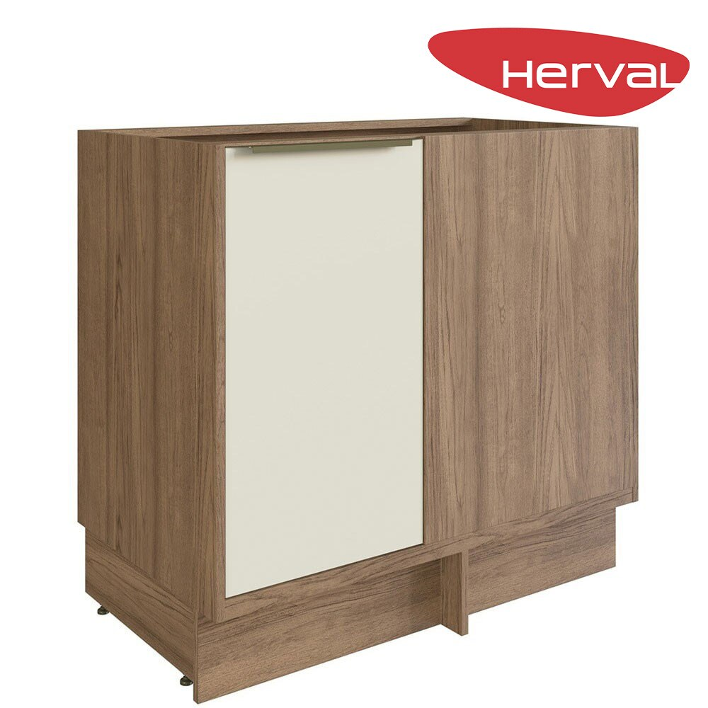 Balcão de Canto Reto 1 Porta MDF Herval Uno, Off White e Louro Freijó 92,5 cm