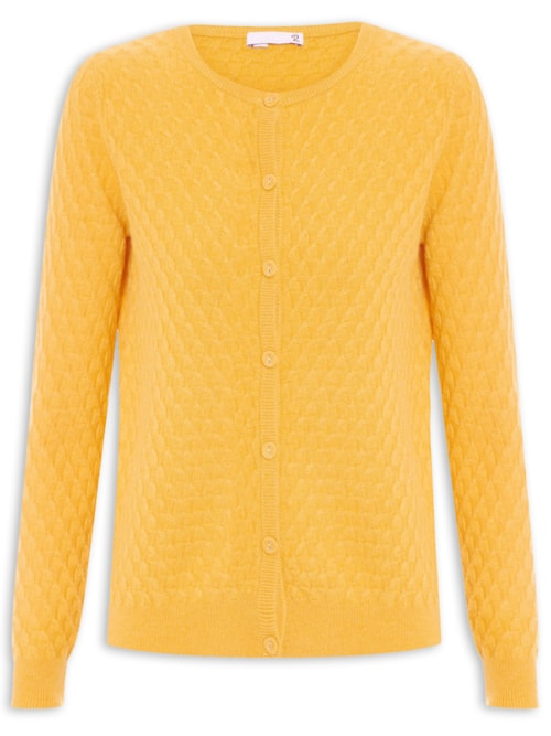 Cardigan Feminino Puro Cashmere Tranças Com Botões - Amarelo Cardigan Feminino Puro Cashmere Tranças Com Botões - Amarelo