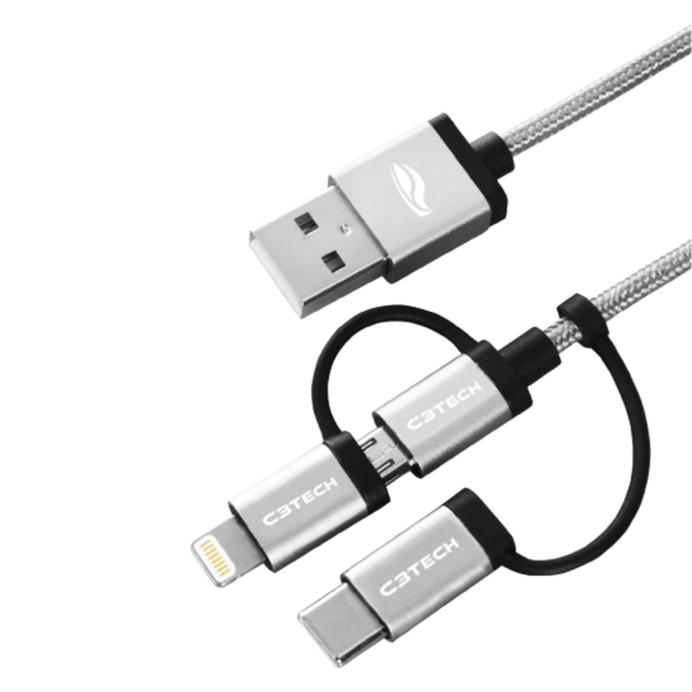 Cabo USB C3Tech CB-3000GY Nylon 3X1 1 Lightning + micro USB + USBC 2,4A 1,5 mts Prata