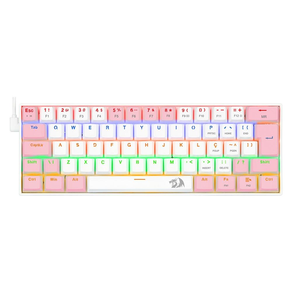 Teclado Mecânico Redragon Lakshmi Switch Blue Rainbow C/Fio Branco e Rosa