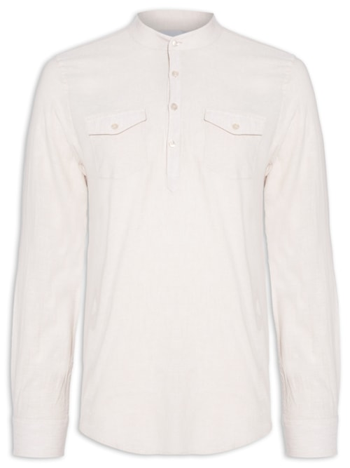 Camisa Masculina Linho Gola Padre Manga Longa - Bege Camisa Masculina Linho Gola Padre Manga Longa - Bege
