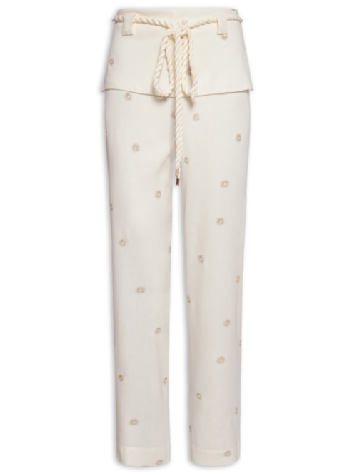 Calça Feminina Linho Bordado Lurex Sol - Off White