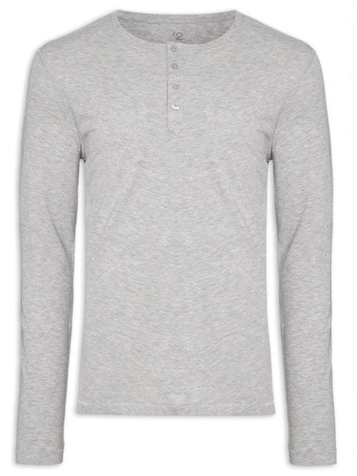Camiseta Masculina Pima Manga Longa Com Botões Regular Fit - Cinza Camiseta Masculina Pima Manga Longa Com Botões Regular Fit - Cinza