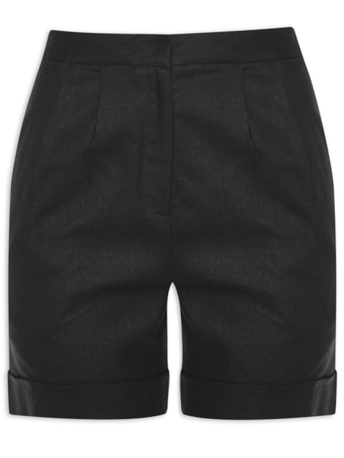 Short Feminino Cintura Alta Em Linho Misto - Preto