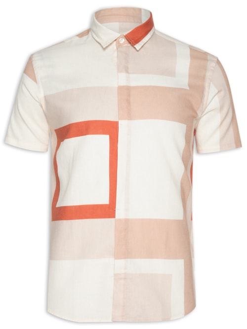 Camisa Masculina Manga Curta Linho Quadra - Bege Camisa Masculina Manga Curta Linho Quadra - Bege