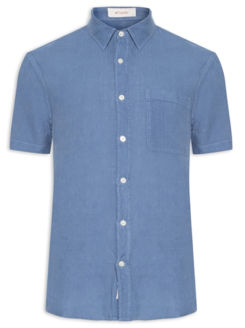 Camisa Masculina Manga Curta Puro Linho Tinturado Bolso - Azul Camisa Masculina Manga Curta Puro Linho Tinturado Bolso - Azul
