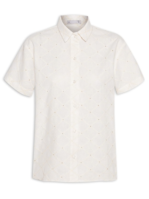 Camisa Feminina Manga Curta Reta Em Linho Misto Bordado - Off White Camisa Feminina Manga Curta Reta Em Linho Misto Bordado - Off White