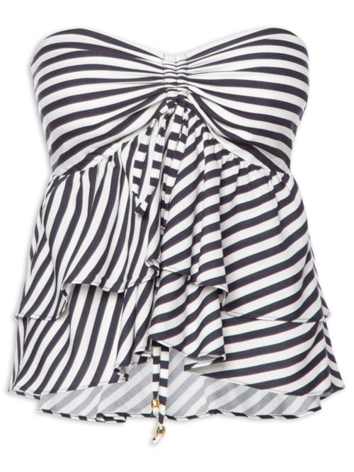 Blusa Feminina Listrada Sem Alça Com Babados - Azul Blusa Feminina Listrada Sem Alça Com Babados - Azul