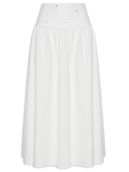 Saia Midi Linho Pala Bordado Paetê - Branco Saia Midi Linho Pala Bordado Paetê - Branco