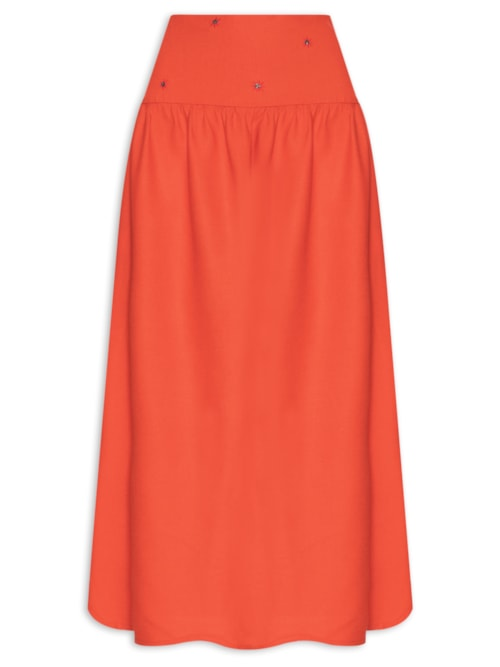 Saia Midi Linho Pala Bordado Paetê - Vermelho Saia Midi Linho Pala Bordado Paetê - Vermelho