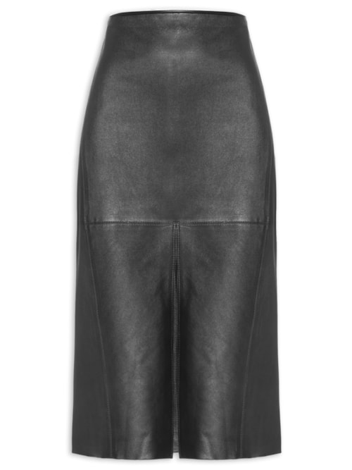 Saia De Couro Stretch Midi Fenda Frontal - Preto Saia De Couro Stretch Midi Fenda Frontal - Preto