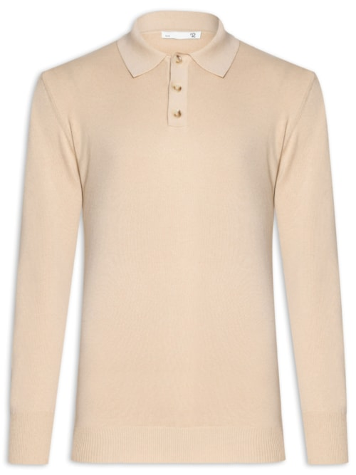Suéter Masculino Polo Manga Longa Algodão Pima Com Cashmere - Bege