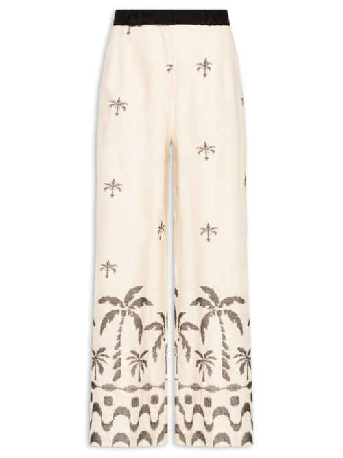 Calça Feminina Linho Pantalona Bordado Orla - Bege