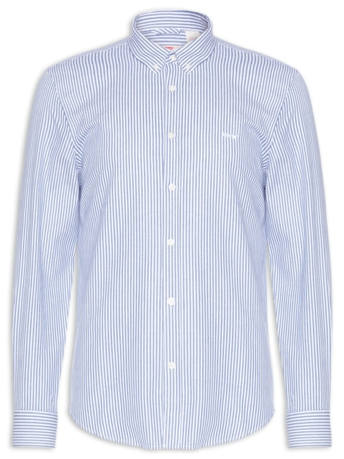 Camisa Masculina Button Down Regular Fit Listrada em Algodão - Azul Camisa Masculina Button Down Regular Fit Listrada em Algodão - Azul