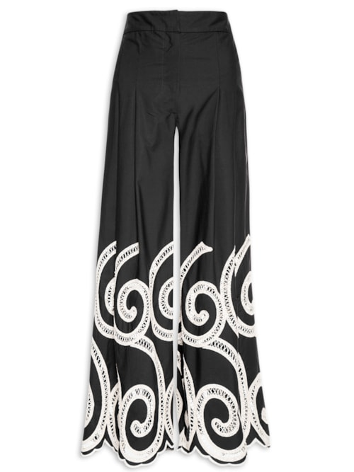 Calça Feminina Ampla Com Bordados - Preto