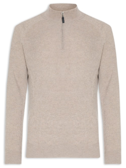 Suéter Masculino Gola Alta Com Meio Zíper Blend de Lã e Cashmere - Marrom