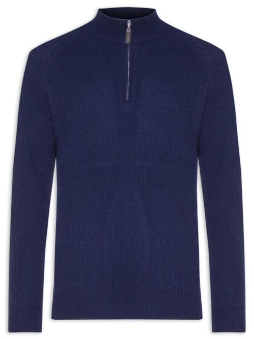 Suéter Masculino Gola Alta Com Meio Zíper Blend de Lã e Cashmere - Azul