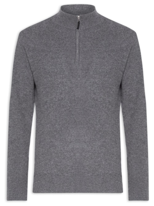 Suéter Masculino Gola Alta Com Meio Zíper Blend de Lã e Cashmere - Cinza