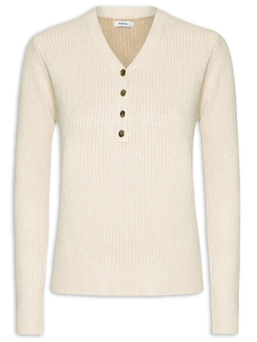 Suéter Feminino Tricot Texturizado Decote em V - Bege Suéter Feminino Tricot Texturizado Decote em V - Bege