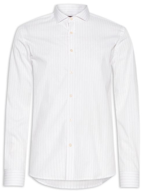 Camisa Masculina Tricoline Mini Listras - Branco Camisa Masculina Tricoline Mini Listras - Branco