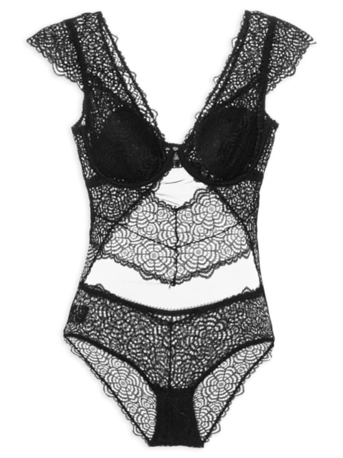 Body Mangas Curtas Com Bojo Removível Em Renda - Preto Body Mangas Curtas Com Bojo Removível Em Renda - Preto