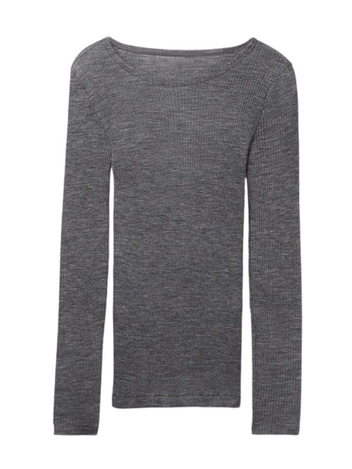Blusa Manga Comprida Com Decote Amplo Em Lã e Seda - Cinza Blusa Manga Comprida Com Decote Amplo Em Lã e Seda - Cinza