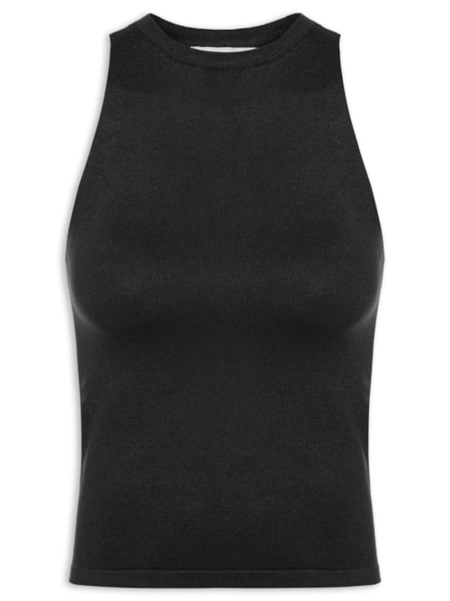 Regata Feminina Gola Redonda Em Tricot - Preto
