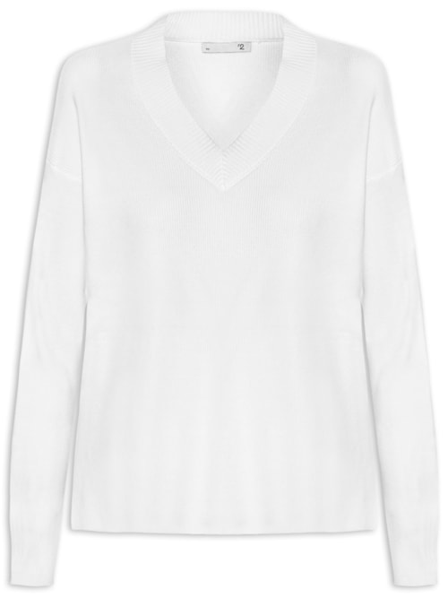 Suéter Feminino Gola V Com Fendas Laterais - Branco Suéter Feminino Gola V Com Fendas Laterais - Branco