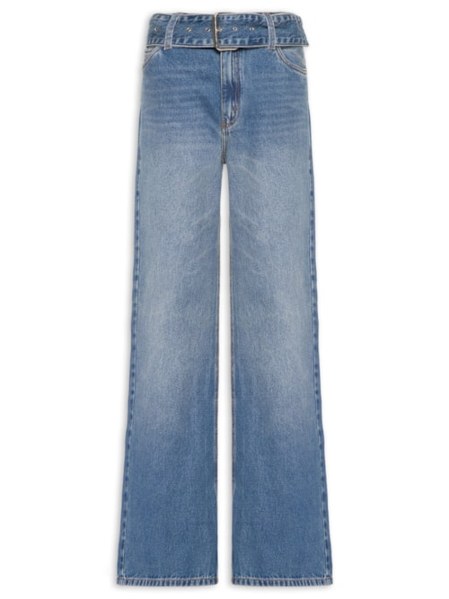 Calça Feminina Jeans Cinto Amplo Stoned - Azul