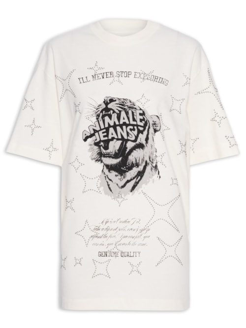 Camiseta Feminina Malha Tigre Brilho Over - Branco Camiseta Feminina Malha Tigre Brilho Over - Branco