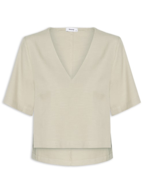 Blusa Feminina Decote V Manga Curta - Bege Blusa Feminina Decote V Manga Curta - Bege