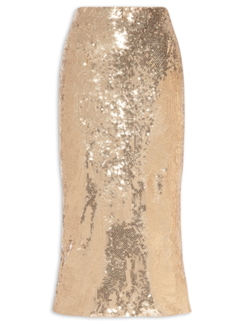 Saia Midi Com Fenda em Paetê - Dourado Saia Midi Com Fenda em Paetê - Dourado