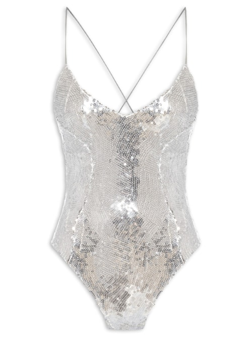 Body Feminino Com Decote Profundo Em Paetê - Prateado Body Feminino Com Decote Profundo Em Paetê - Prateado