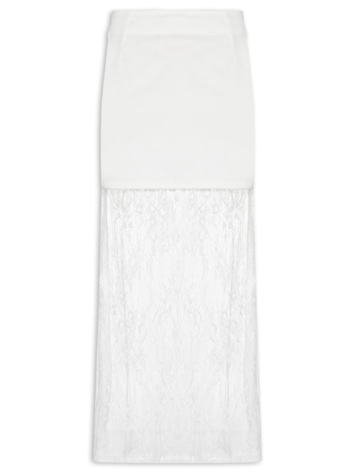 Saia Midi Com Renda Em Sobreposição - Off White Saia Midi Com Renda Em Sobreposição - Off White