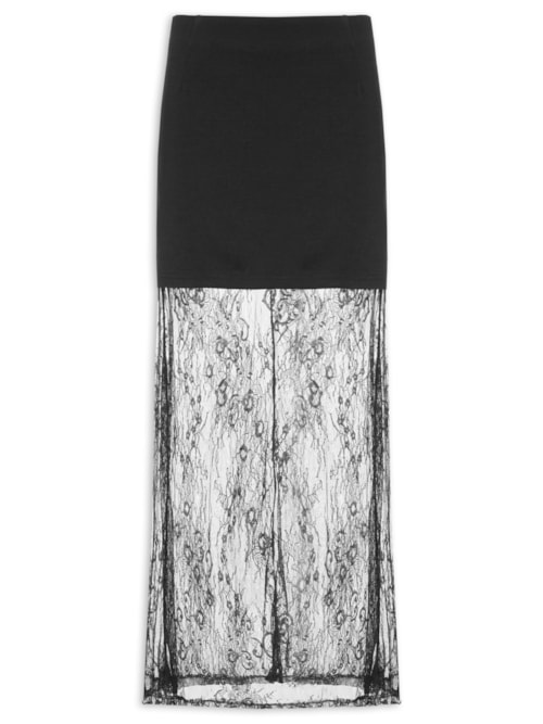 Saia Midi Com Renda Em Sobreposição - Preto Saia Midi Com Renda Em Sobreposição - Preto