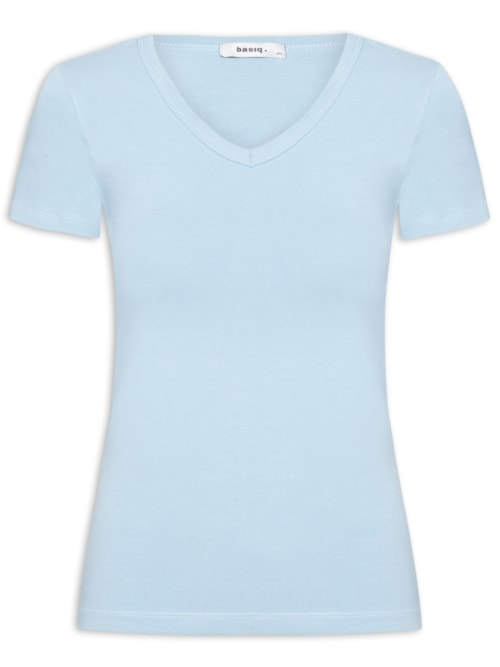 Camiseta Feminina Básica Decote Em V - Azul Camiseta Feminina Básica Decote Em V - Azul