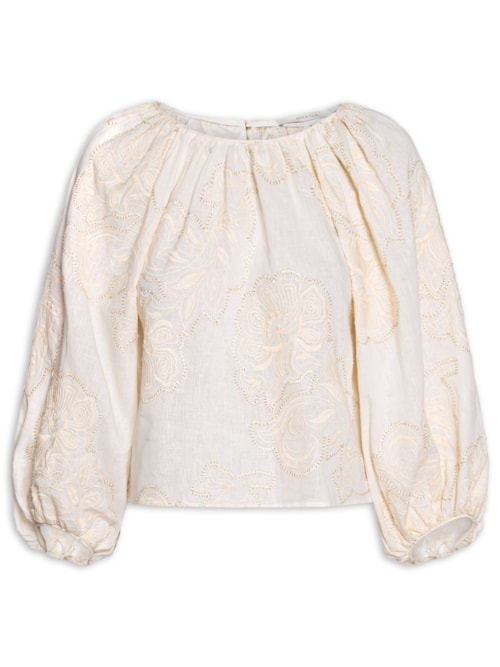 Blusa Feminina Manga Bufante Bordado Magnólia - Off White Blusa Feminina Manga Bufante Bordado Magnólia - Off White