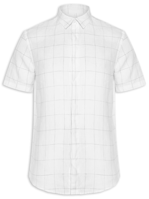 Camisa Masculina Manga Curta Puro Linho Xadrez Egeu - Branco Camisa Masculina Manga Curta Puro Linho Xadrez Egeu - Branco