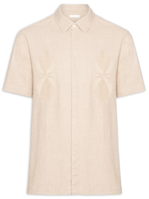Camisa Masculina Manga Curta Linen Bordado - Bege Camisa Masculina Manga Curta Linen Bordado - Bege