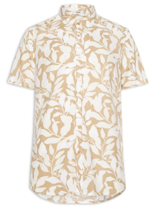 Camisa Masculina Manga Curta Estampa Folhagem - Bege Camisa Masculina Manga Curta Estampa Folhagem - Bege