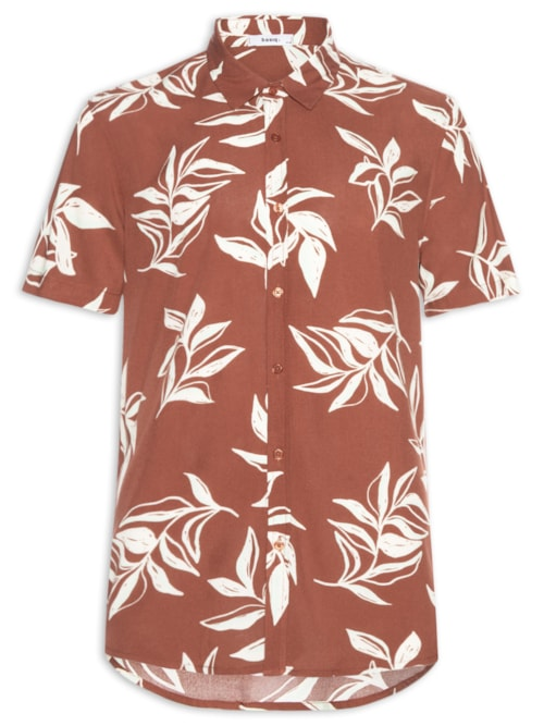 Camisa Masculina Manga Curta Estampa Folhagem - Marrom Camisa Masculina Manga Curta Estampa Folhagem - Marrom