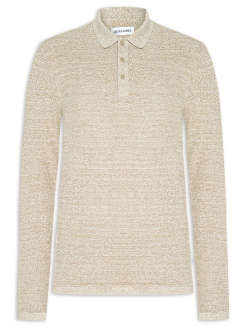 Polo Masculina Manga Longa Em Tricot - Bege Polo Masculina Manga Longa Em Tricot - Bege