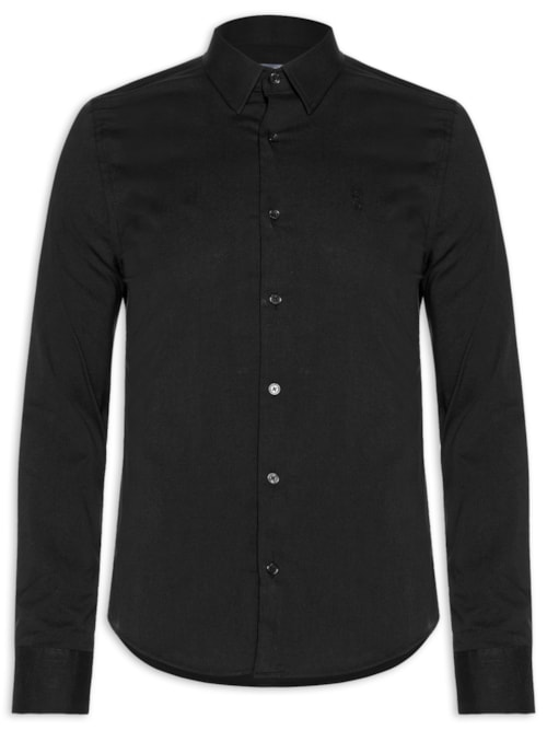 Camisa Manga Longa Tricoline Elastano Lisa - Preto