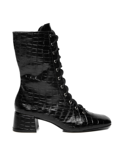 Bota Feminina Lace-up Em Couro - Preto
