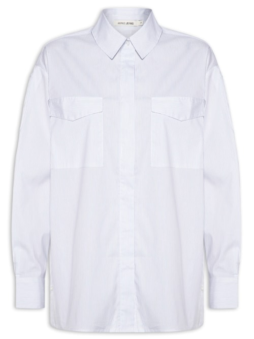 Camisa Feminina De Algodão Listrada Com Bolsos - Azul Camisa Feminina De Algodão Listrada Com Bolsos - Azul