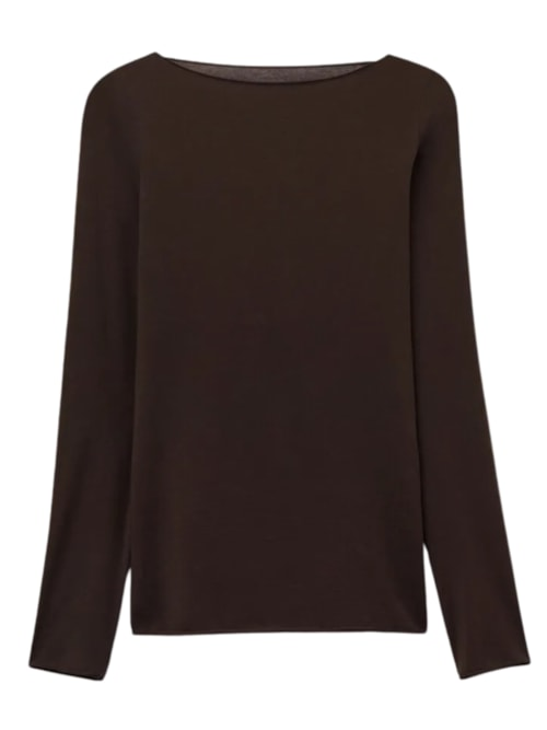 Blusa De Manga Comprida Com Decote Canoa Em Algodão Ultralight - Marrom Blusa De Manga Comprida Com Decote Canoa Em Algodão Ultralight - Marrom