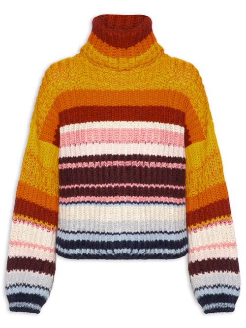Blusão Feminino De Tricot Pull Listras Colors - Laranja Blusão Feminino De Tricot Pull Listras Colors - Laranja