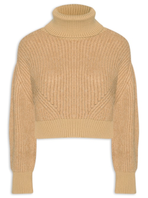 Blusão Feminino De Tricot Pull Mix Fio Com Maxi Gola - Marrom