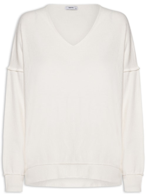 Suéter Feminino Tricot Oversized Decote V - Off White Suéter Feminino Tricot Oversized Decote V - Off White