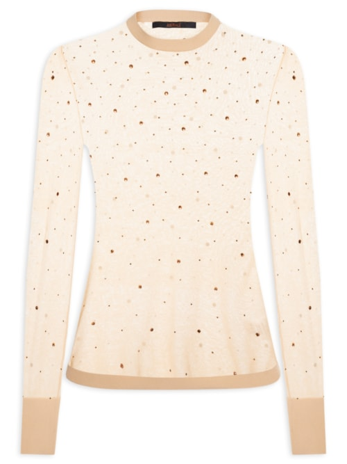 Blusa Feminina de Tricot Transparente Com Hotfix - Bege Blusa Feminina de Tricot Transparente Com Hotfix - Bege